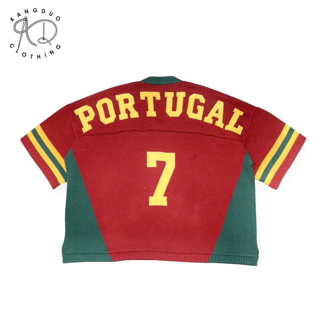 pull de football à manches courtes Portugal , tricot jacquard lettre brodé, maillot CR7